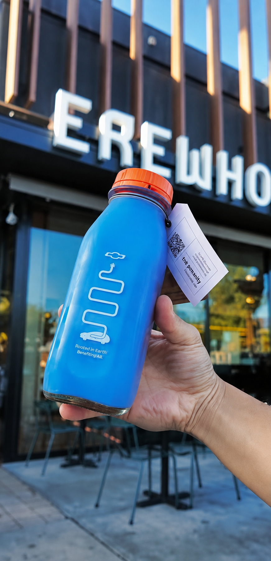 Bottles of Equinox EV Electric Juice with Erewhon and Chevrolet hang tags