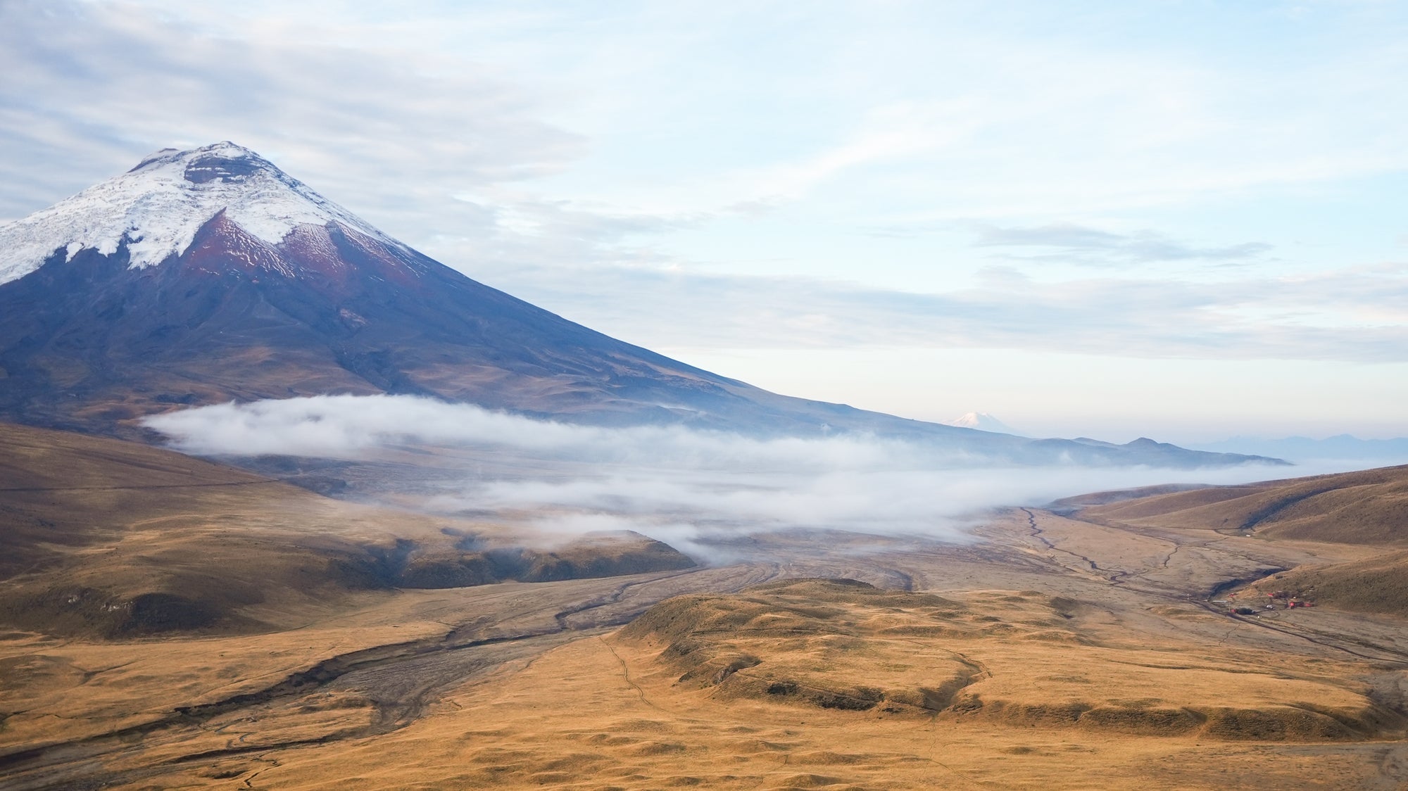 A snow-capped Andean volcano rising above high-altitude grassland in Ecuador
